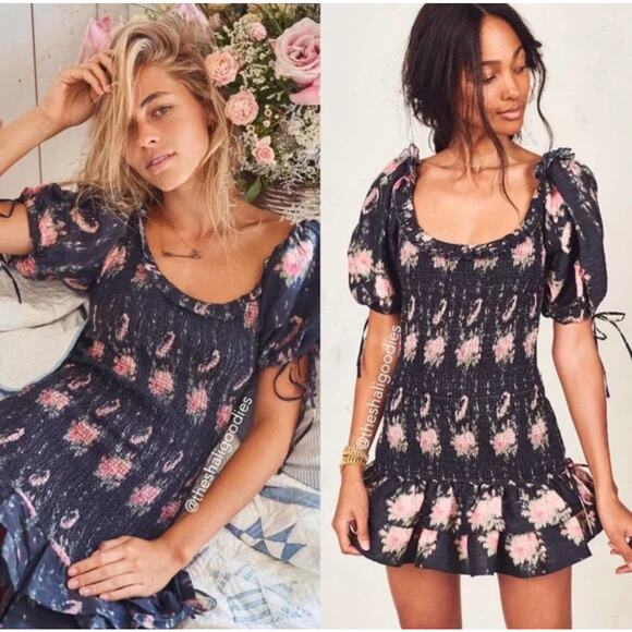 LOVESHACKFANCY Violett Dress Black Coffee M Floral Ruffle Silk Party Mini Date - Picture 1 of 14